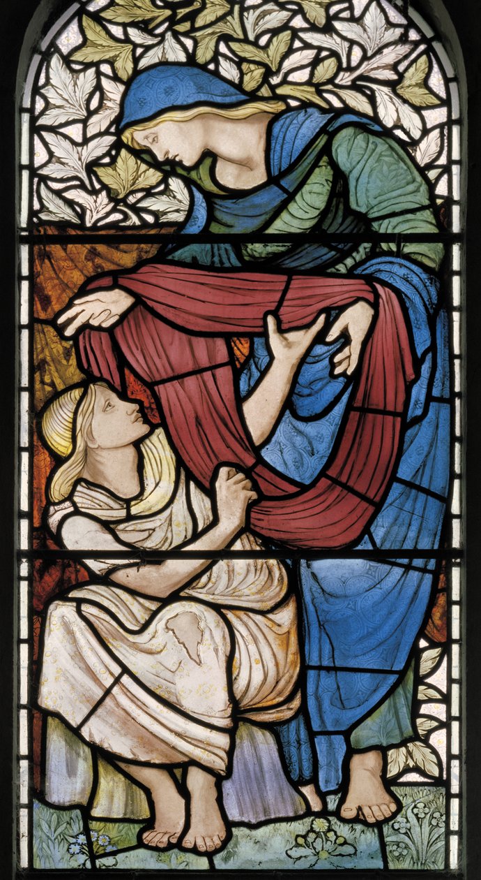 Clothing The Naked, 1877 (farget glass) av Edward Burne Jones