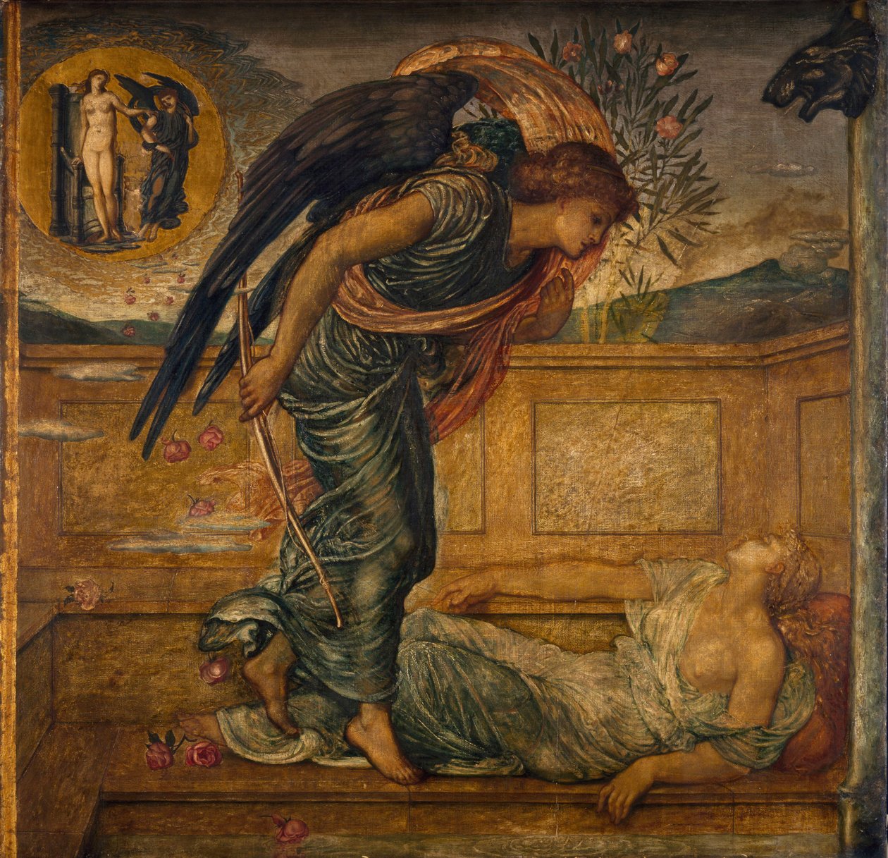 Amor og psyke - Palace Green veggmalerier - Amor finner psyke i søvn ved en fontene, 1881 av Edward Burne Jones