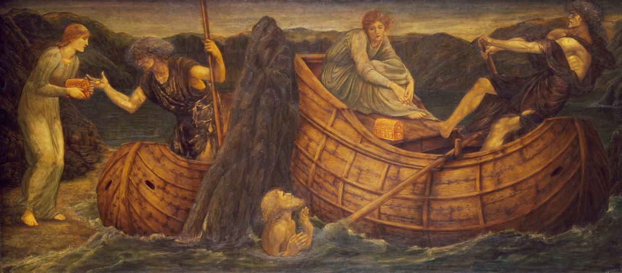 Amor og psyke - Palace Green veggmalerier - Psyche gir mynten til Ferryman of the Styx, 1881 av Edward Burne Jones