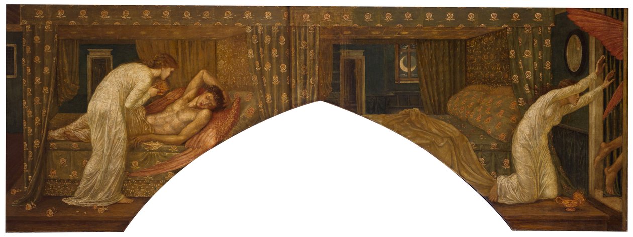 Amor og psyke - Palace Green veggmalerier - Psyche holder lampen blikket på ansiktet til sovende Cupid og Psyche forlatt, 1881 av Edward Burne Jones