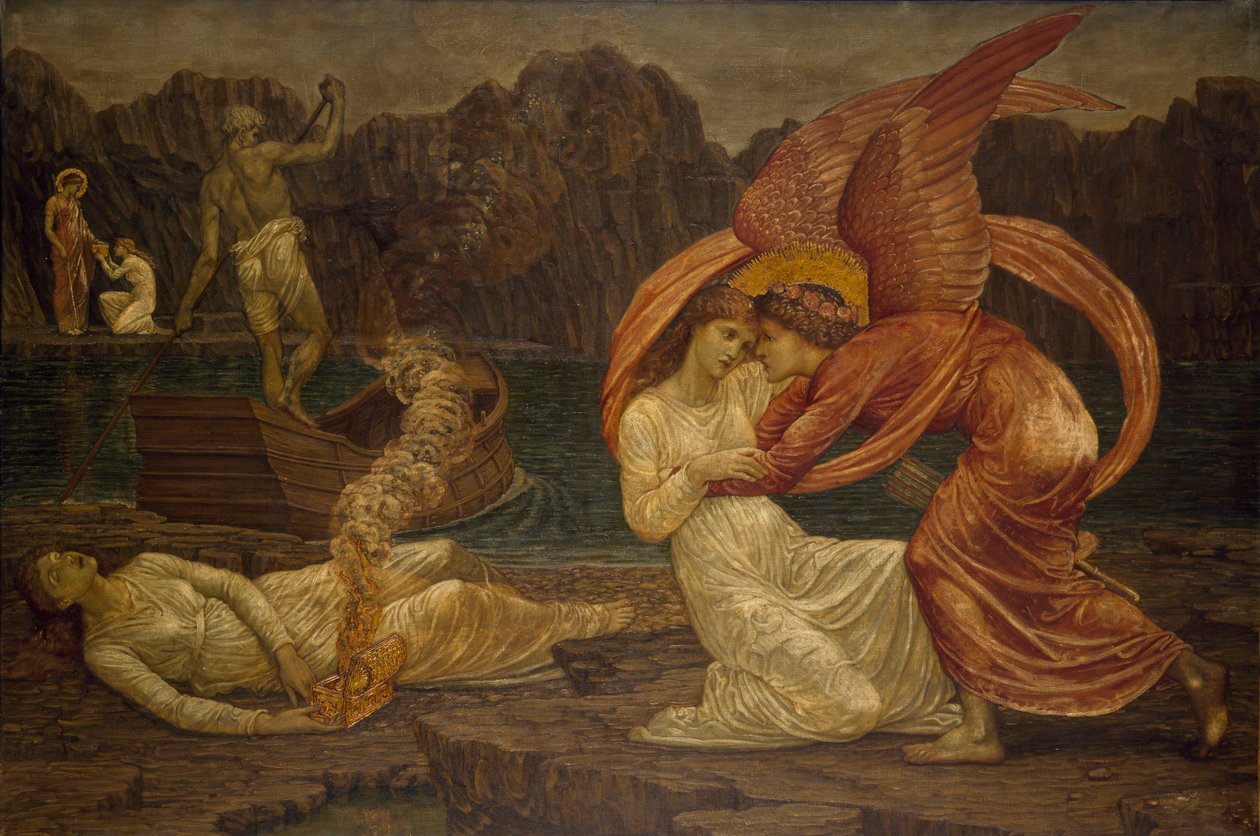 Amor og psyke - Palace Green veggmalerier - Psyche mottar kisten fra Proserpine, 1881 av Edward Burne Jones