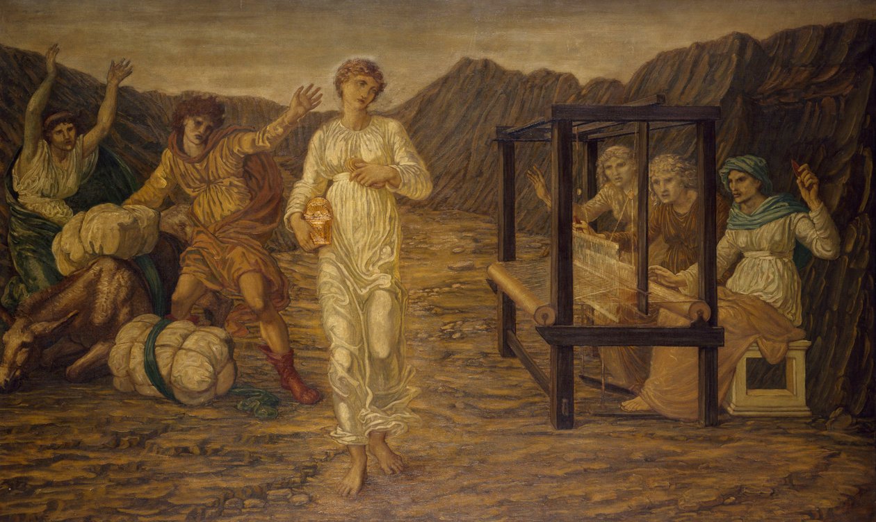 Amor og psyke - Palace Green veggmalerier - Psyche satt av Venus the Task, 1881 av Edward Burne Jones