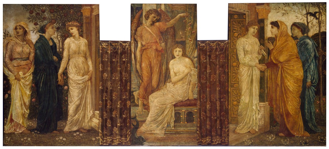Amor og Psyche - Palace Green veggmalerier - Psyches søstre besøker henne i Amors hus, 1881 av Edward Burne Jones