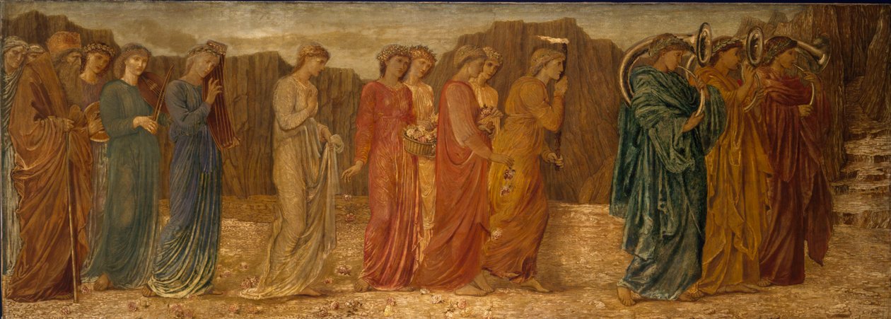 Cupid og Psyche - Palace Green veggmalerier - Kongen og andre sørgende forlater Psyche til monsteret, 1881 av Edward Burne Jones