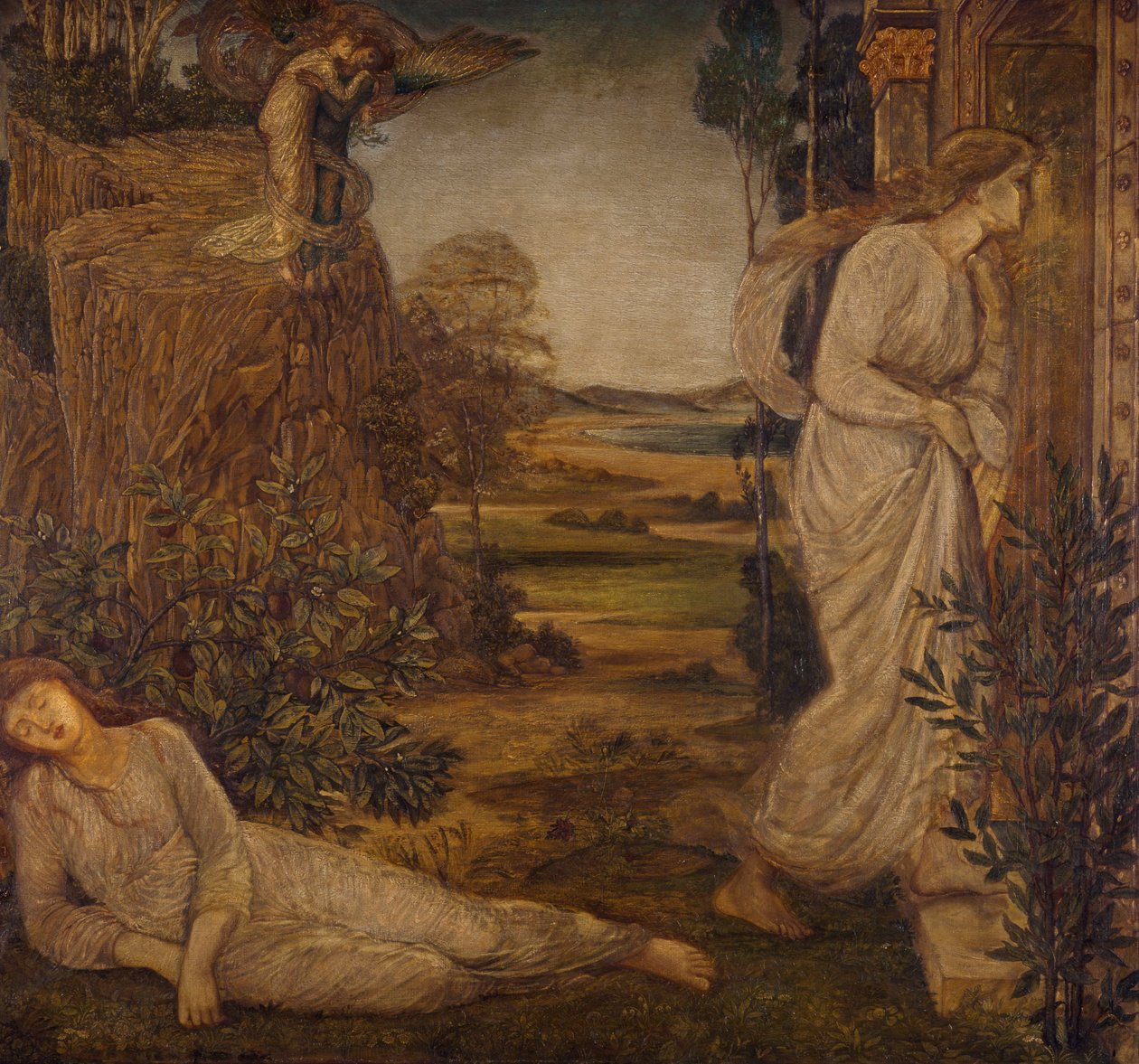 Amor og psyke - Palace Green veggmalerier - Zephyrus bærer Psyche til fjellet, 1881 av Edward Burne Jones