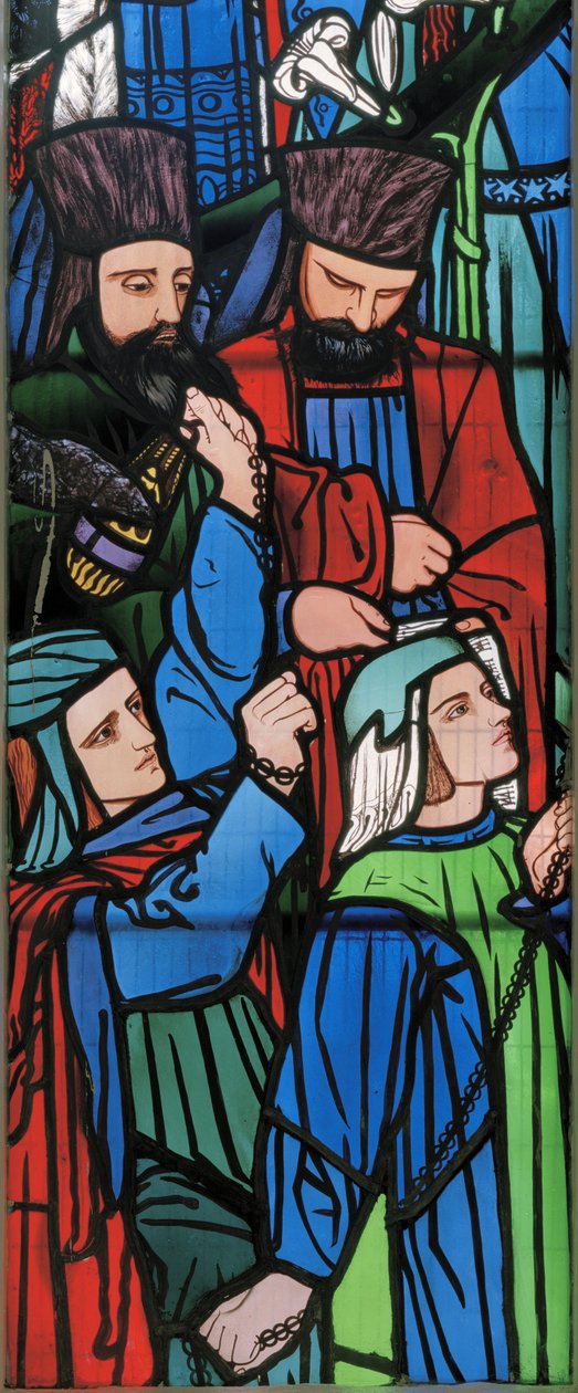 Detalj fra prosesjonen til Salomo og dronningen av Saba, 1857 (farget glass) av Edward Burne Jones