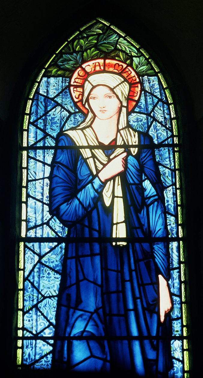 Detalj av Jomfru Maria farget glass av Edward Burne Jones