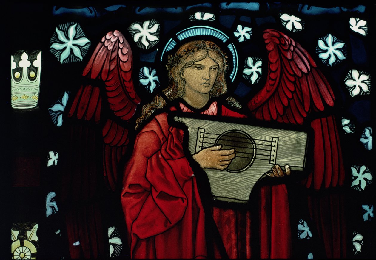 Detalj av Angel Musician, laget av William Morris and Co., 1882 farget glass av Edward Burne Jones