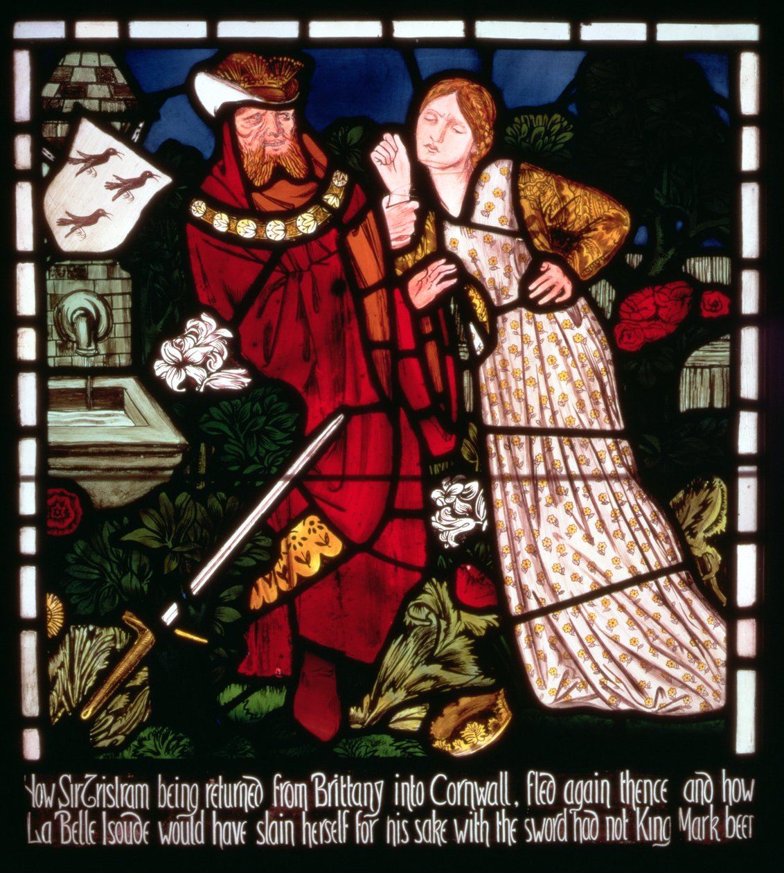 Isolde the Fair forsøker å drepe seg selv, fra 'The Story of Tristan and Isolde', William Morris und Co. (farget glass) av Edward Burne Jones