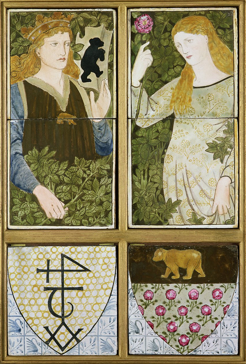 King Arthur and Queen Guinevere, Six Tile Panel produsert av Morris, Marshall, Faulkner & Co. (keramikk) av Edward Burne Jones