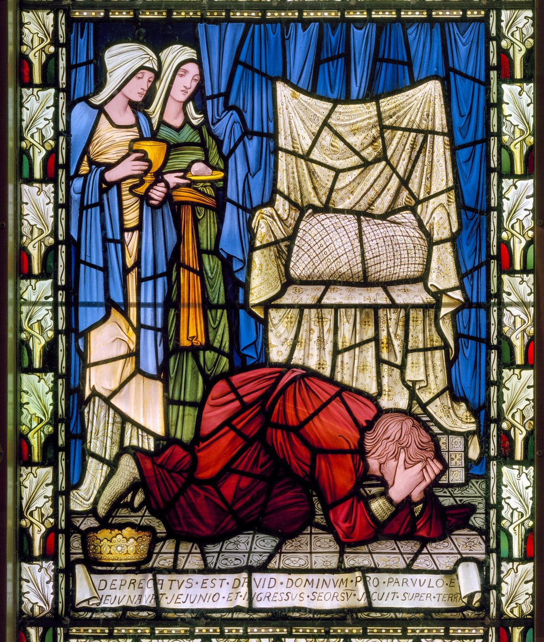 Kong David gråt og ber for livet til sitt syke barn, og aksepterte deretter med styrke barnets død, ca. 1896 (glassmaleri) av Edward Burne Jones
