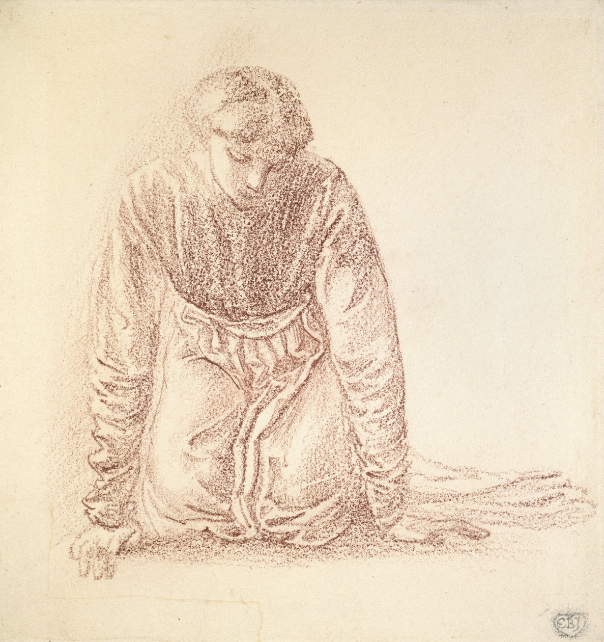Knelende figur av en kvinne (mørkerødt kritt på hvitt papir) av Edward Burne Jones