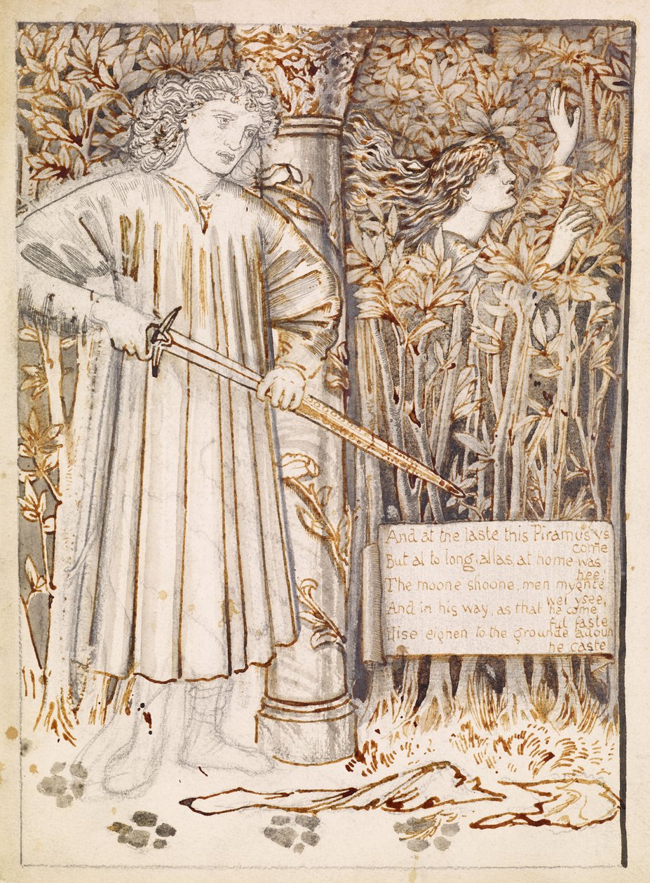 Pyramus og Thisbe - Pyramus trekker sverdet sitt for å drepe seg selv, 1866 av Edward Burne Jones