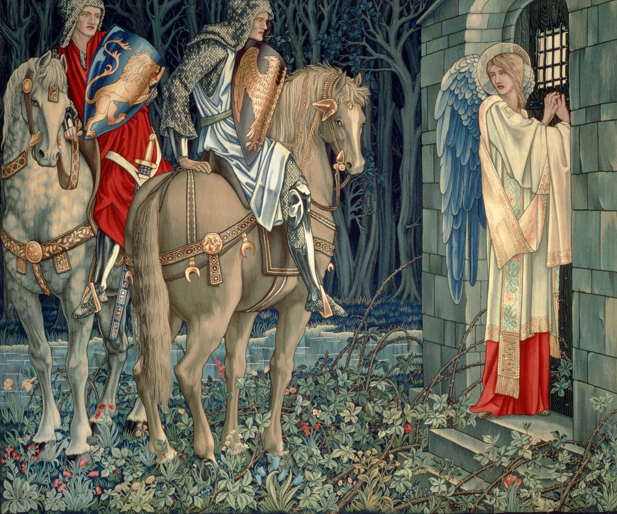 Quest for the Holy Grail Tapestries - Panel 3 - The Failure of Sir Gawaine; Sir Gawaine og Sir Uwaine ved det ødelagte kapellet, 1895-96 av Edward Burne Jones