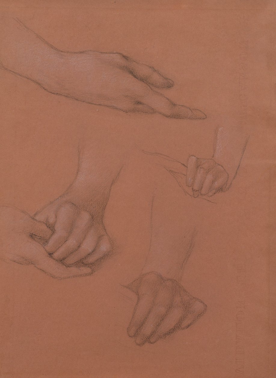 Studies of Hands for the Portrait of Mary Gaskell (svart-hvitt kritt på papir) av Edward Burne-Jones
