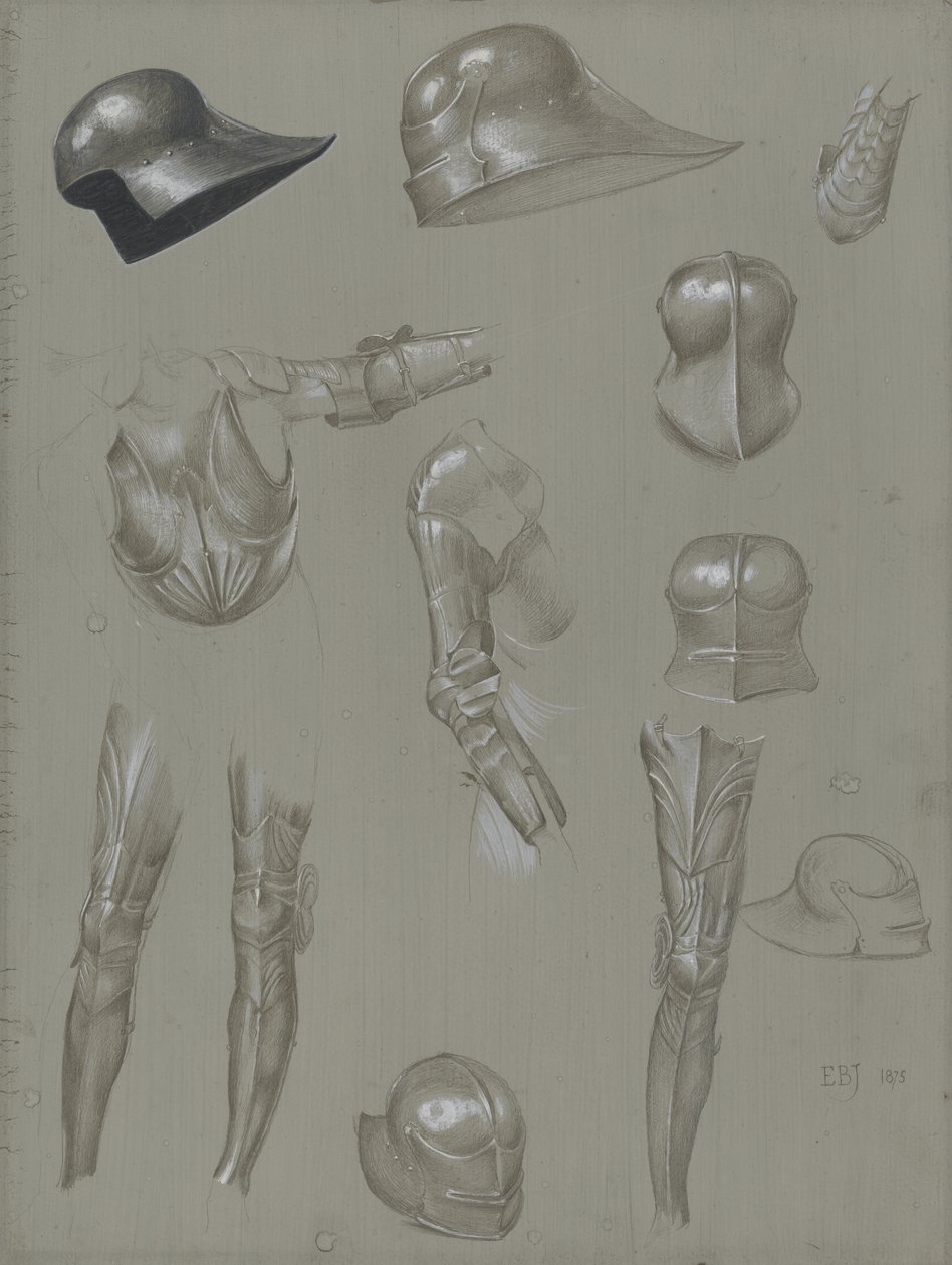 Studies of a Suit of Armour, 1875 (grafitt, vask, wc og kroppsfarge på papir) av Edward Burne Jones