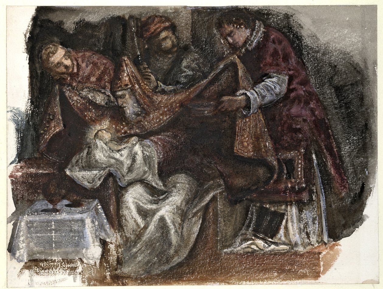 Studie fra Tintorettos omskjæring i Scuola Grande di San Rocco, 1862 (akvarell på vevd papir) av Edward Burne Jones
