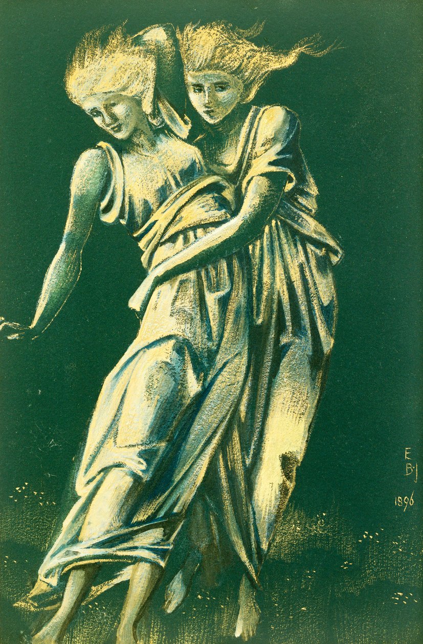 Studie av dansende figurer som omfavner: Et design for metall av Edward Burne Jones