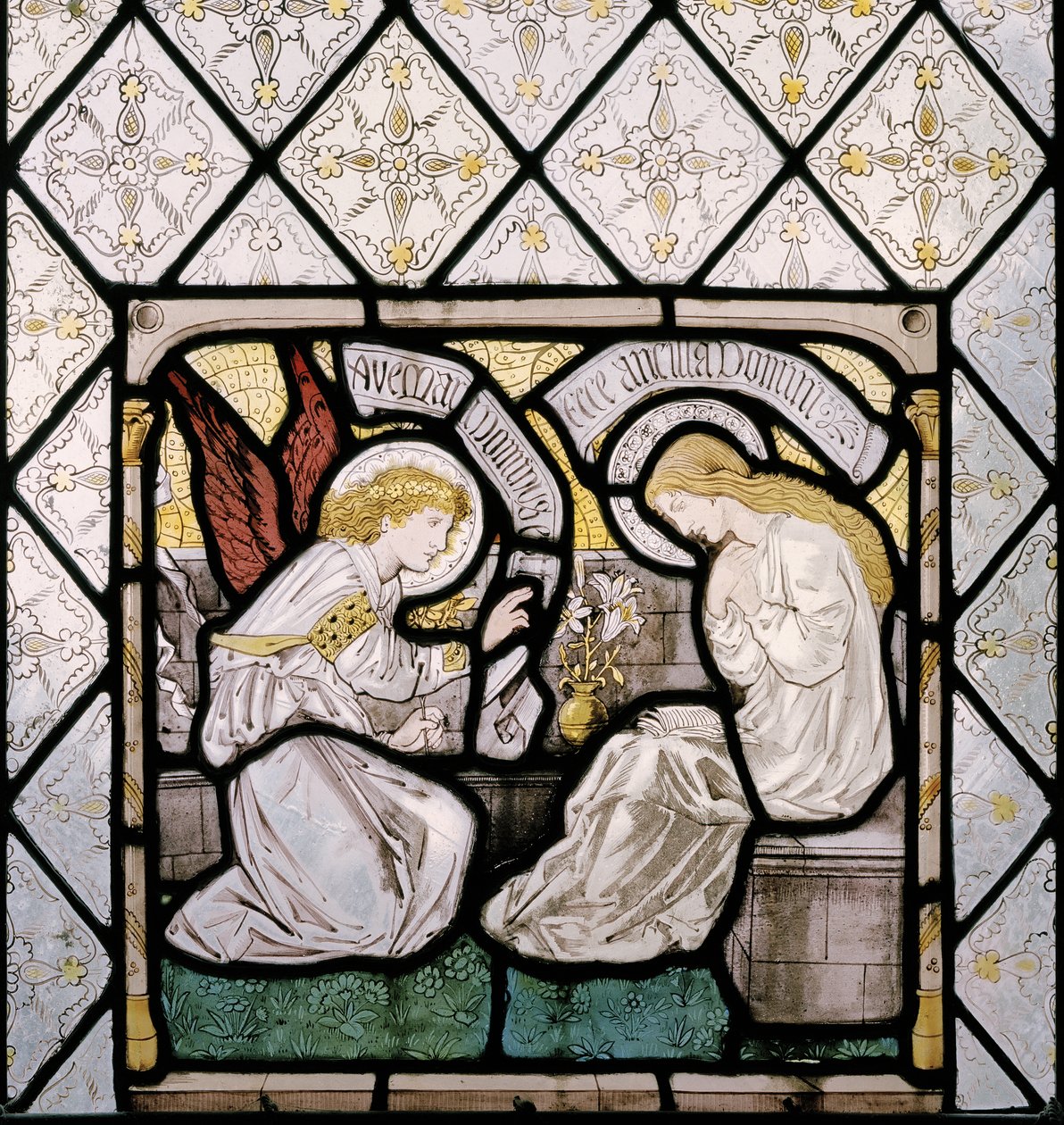 Bebudelsen, detalj fra østvinduet, 1865 (farget glass) av Edward Burne Jones