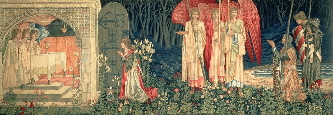 Oppnåelsen; The Vision of the Holy Grail til Sir Galahad, Sir Bors og Sir Percival, fra serien "The Quest for the Holy Grail", 1895-96 av Edward Burne Jones