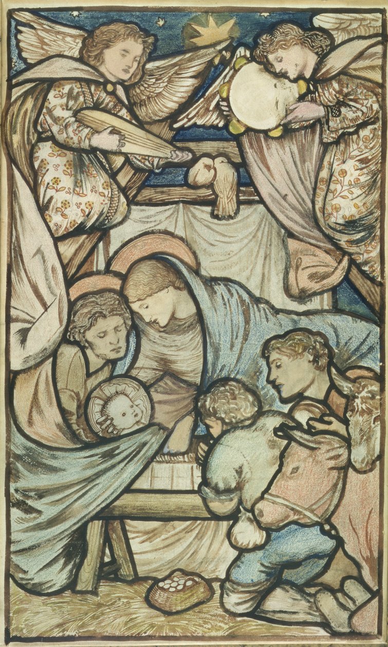 Fødselen (sepia og farget kritt på papir) av Edward Burne Jones