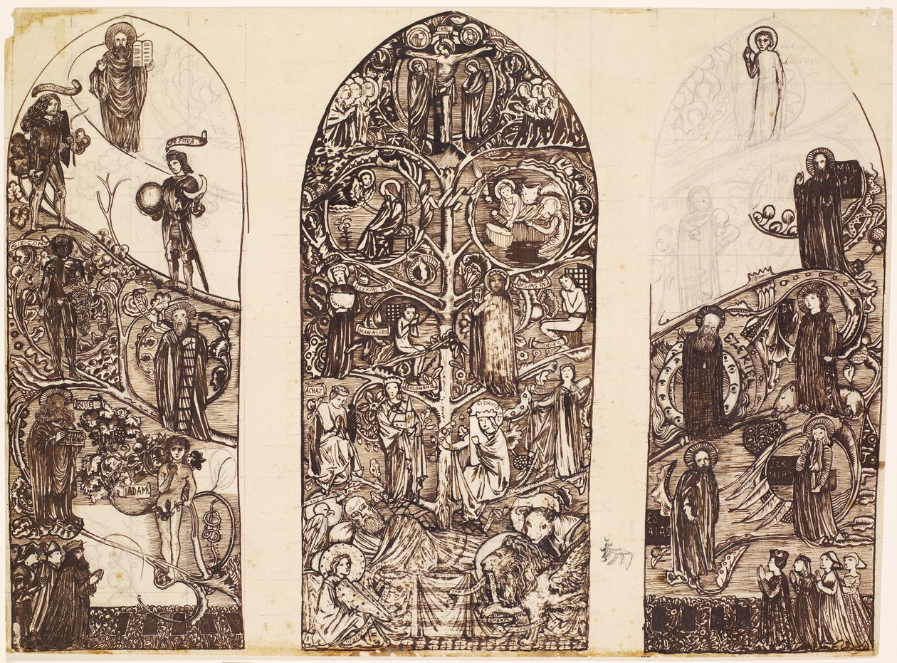 The Tree of Jesse, design for glassmalerier i Waltham Abbey, produsert av Powell & Co., 1860 av Edward Burne Jones