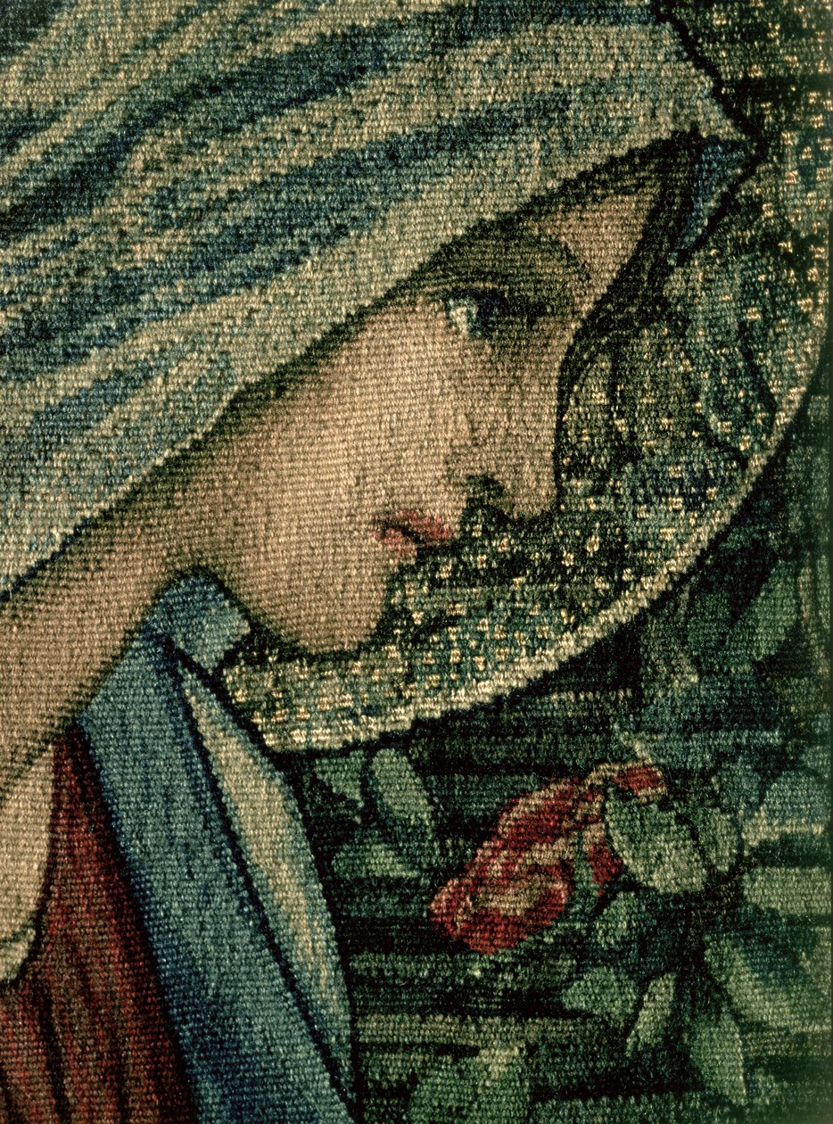 The Virgins face, detalj fra The Adoration of the Magi, laget av William Morris og Co. Merton Abbey håndvevd ullteppedetalj av 74333 av Edward Burne Jones
