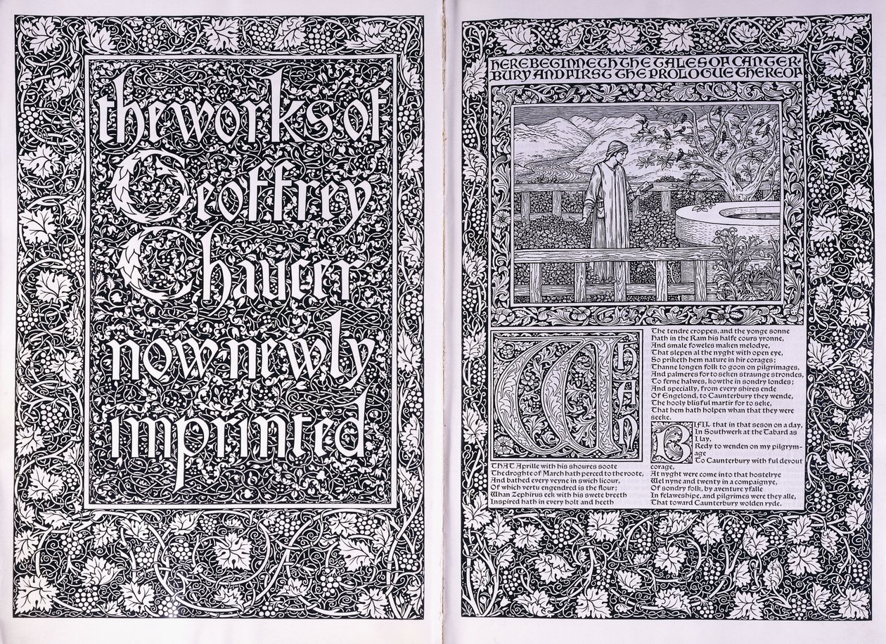 Tittelside og åpningsside fra Kelmscott Press-utgaven av "The Works of Geoffrey Chaucer", 1896 av Edward Burne Jones
