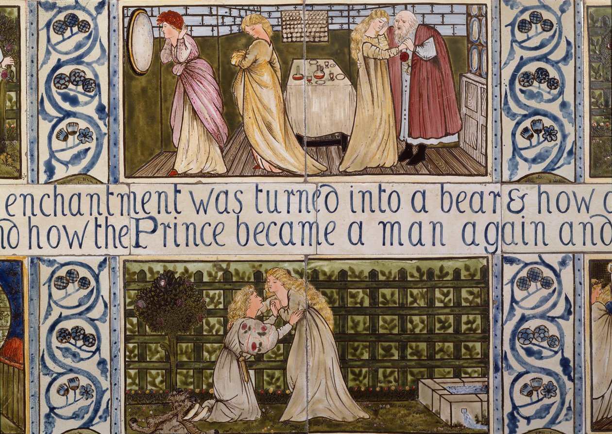 Flispanel som viser historien om Skjønnheten og udyret fra Birket Fosters hus i Witley, Surrey, ca. 1862 (keramikk) av Edward Coley & Morris William (1834-96) Burne-Jones