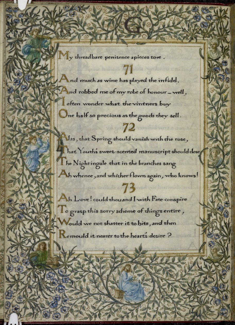 (Hele folio) Rubaiyat av Omar Khayyam, vers 71 - 73. C av Edward Coley and Morris William Burne Jones