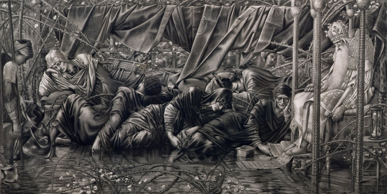 The Legend of the Briar Rose: The Council Room, pub. av Thomas Agnew & Sons, 1890 (fotogravyr) av Edward Coley after Burne Jones
