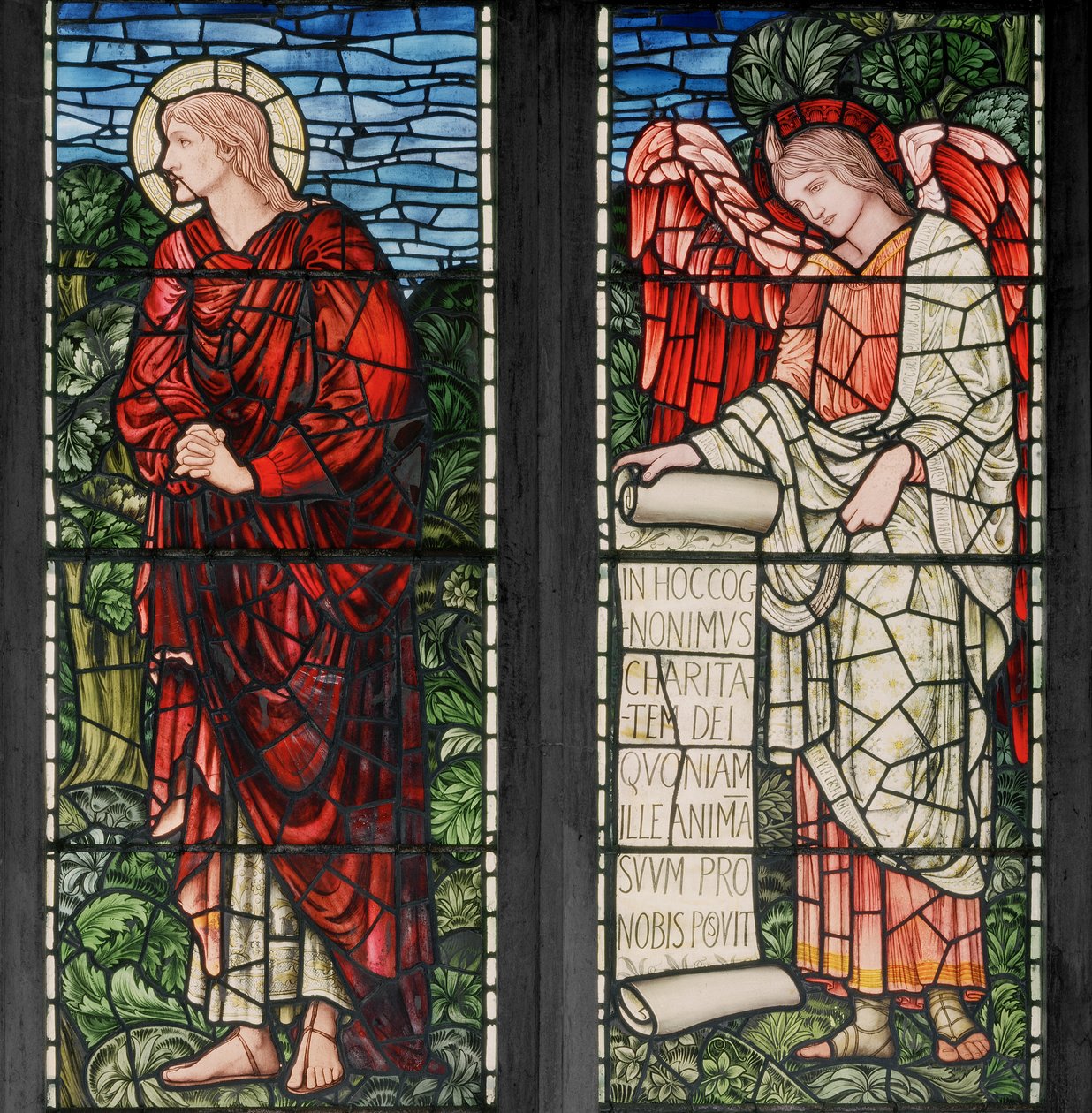 Birmingham, Acocks Green, St Mary The Virgin, Morris & Co., Edward Burne-Jones, John Henry Dearle (1859-1932), St John & Angel with Scroll, 1895 av Edward Coley and Dearle Burne Jones