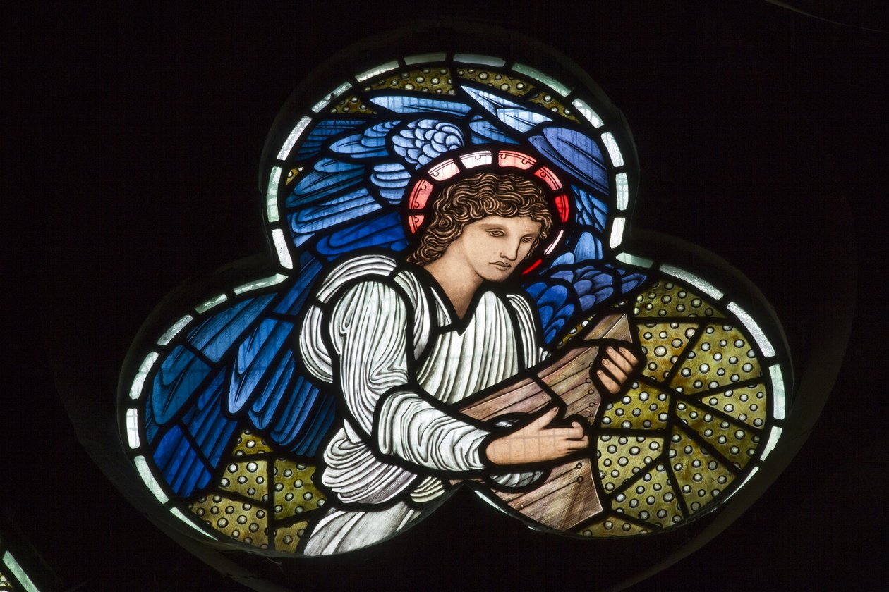 Wilden, All Saints, Morris & Co., Edward Burne-Jones, John Henry Dearle (1859-1932), Angels with Dulcimer, Angel Musicians, 1902-1914, Louisa, Alfred, The Baldwins, statsminister, metodist, Worceste av Edward Coley and Dearle Burne-Jones