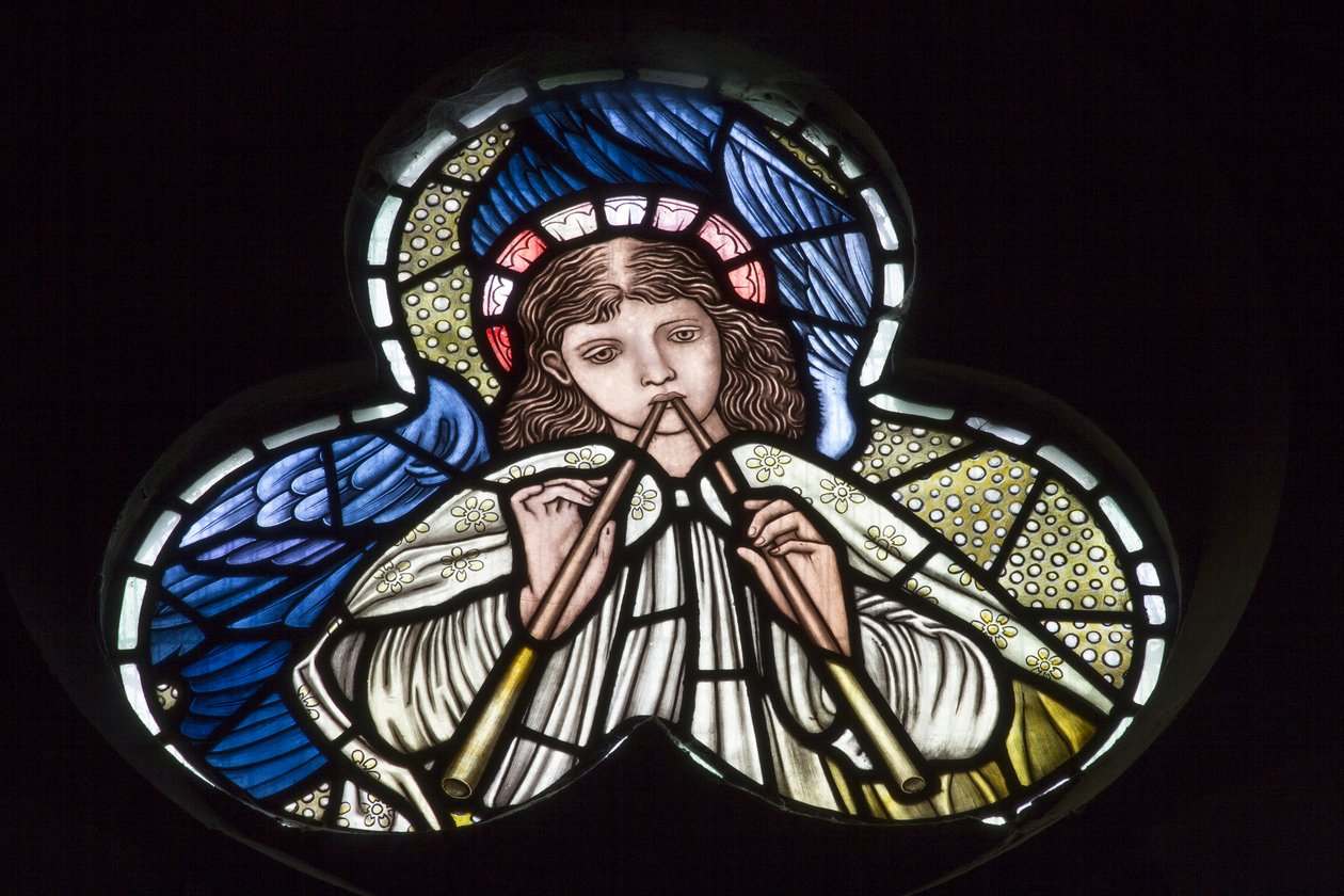 Wilden, All Saints, Morris & Co., Edward Burne-Jones, John Henry Dearle (1859-1932), Angels som blåser doble rør, Angel Musicians, 1902-1914, Louisa, Alfred, The Baldwins, statsminister, metodist, W av Edward Coley and Dearle Burne-Jones