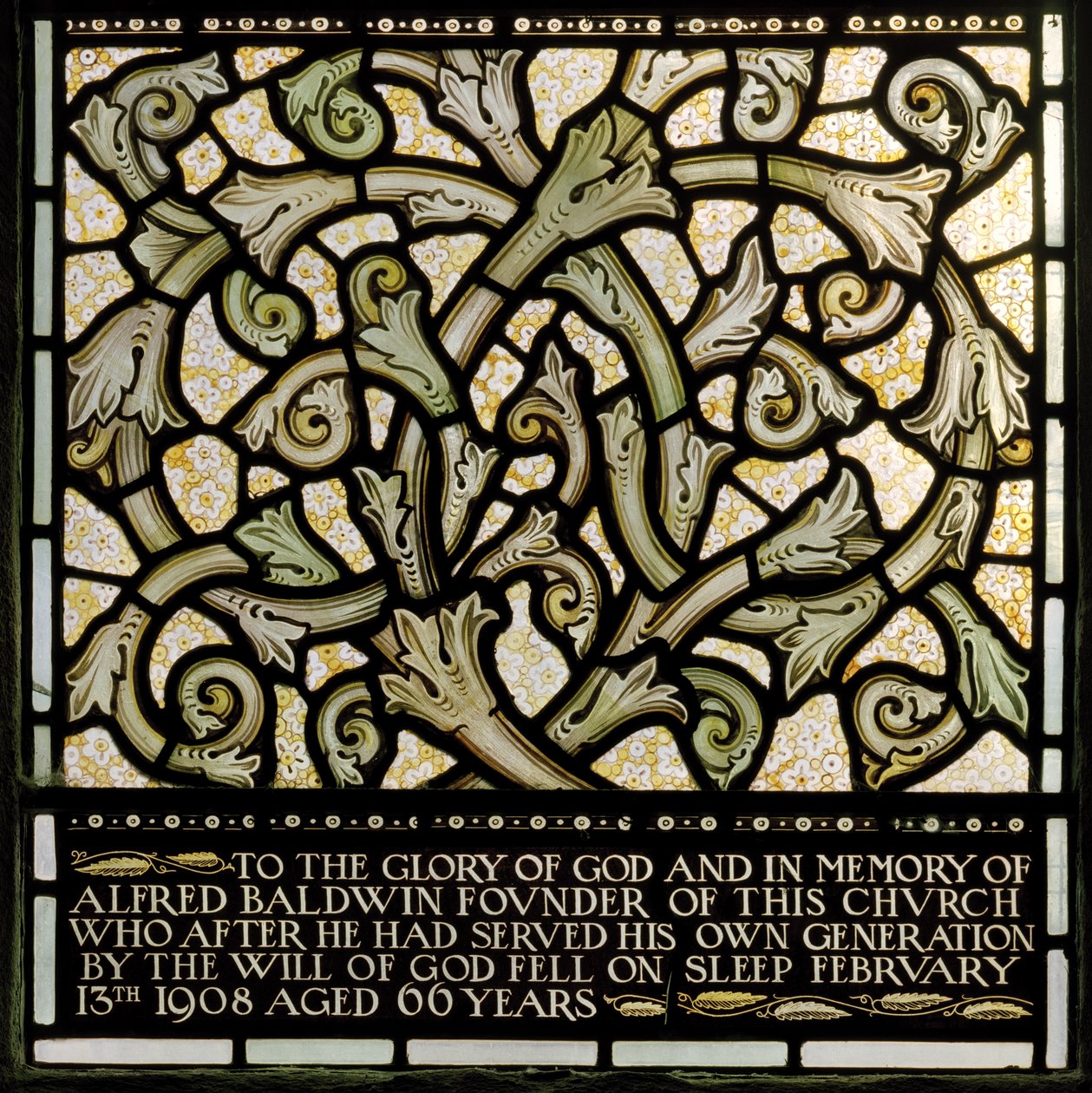 Wilden, All Saints, Morris & Co., Edward Burne-Jones, John Henry Dearle (1859-1932), Dedikasjon til Alfred Baldwin fra The Joshua-vinduet, 1902-1914, Louisa, The Baldwins, statsminister, metodist, Wo av Edward Coley and Dearle Burne-Jones