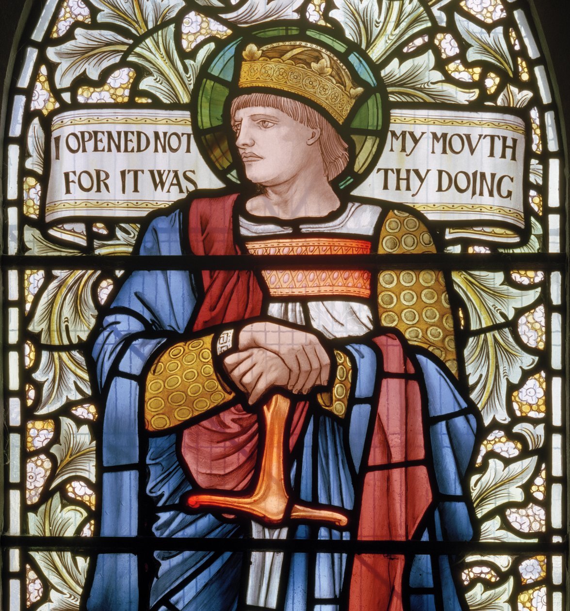 Wilden, All Saints, Morris & Co., Edward Burne-Jones, John Henry Dearle (1859-1932), King Ethelbert, detalj, 1902-1914, Louisa, Alfred, The Baldwins, statsminister, metodist, Worcestershire, Arts & av Edward Coley and Dearle Burne-Jones