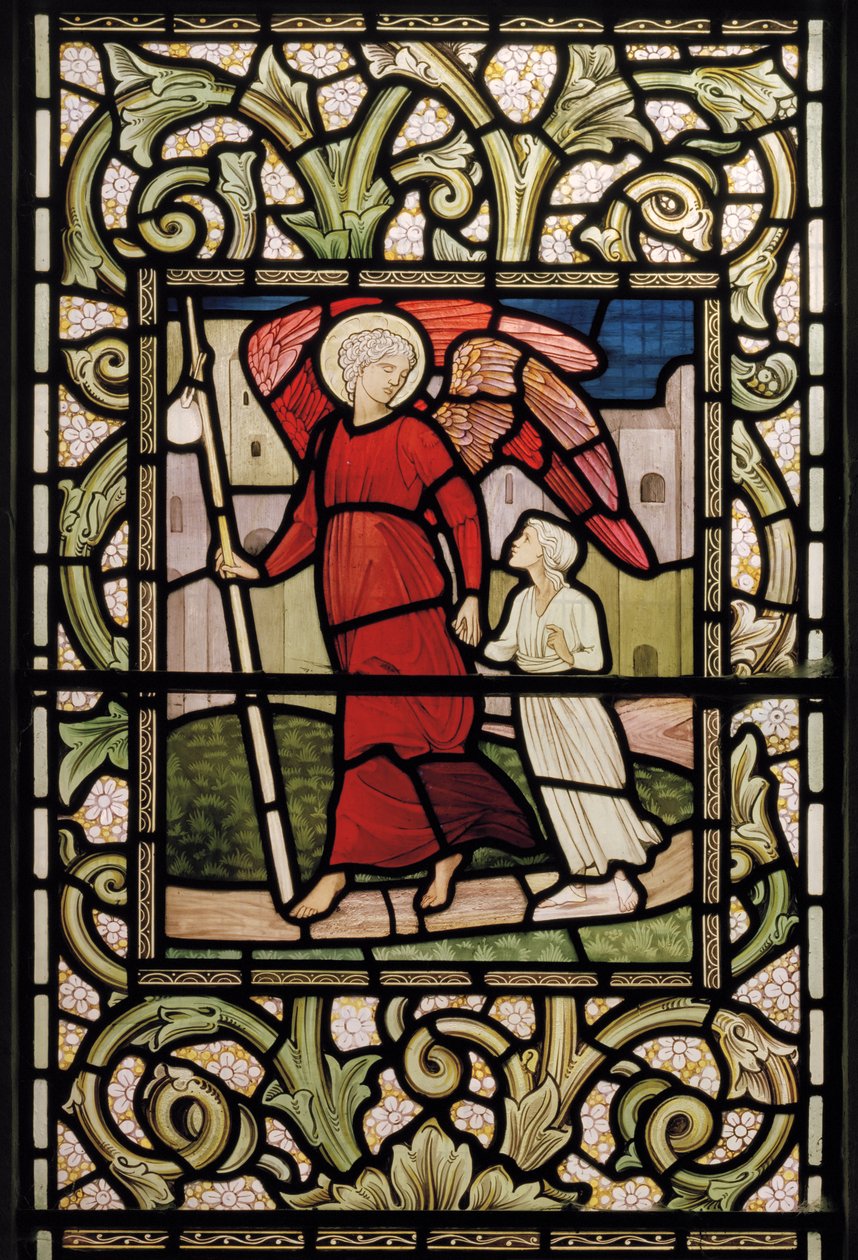 Wilden, All Saints, Morris & Co., Edward Burne-Jones, John Henry Dearle (1859-1932), The Child with Guardian Angel, 1902-1914, Louisa, Alfred, The Baldwins, statsminister, metodist, Worcestershire, av Edward Coley and Dearle Burne-Jones