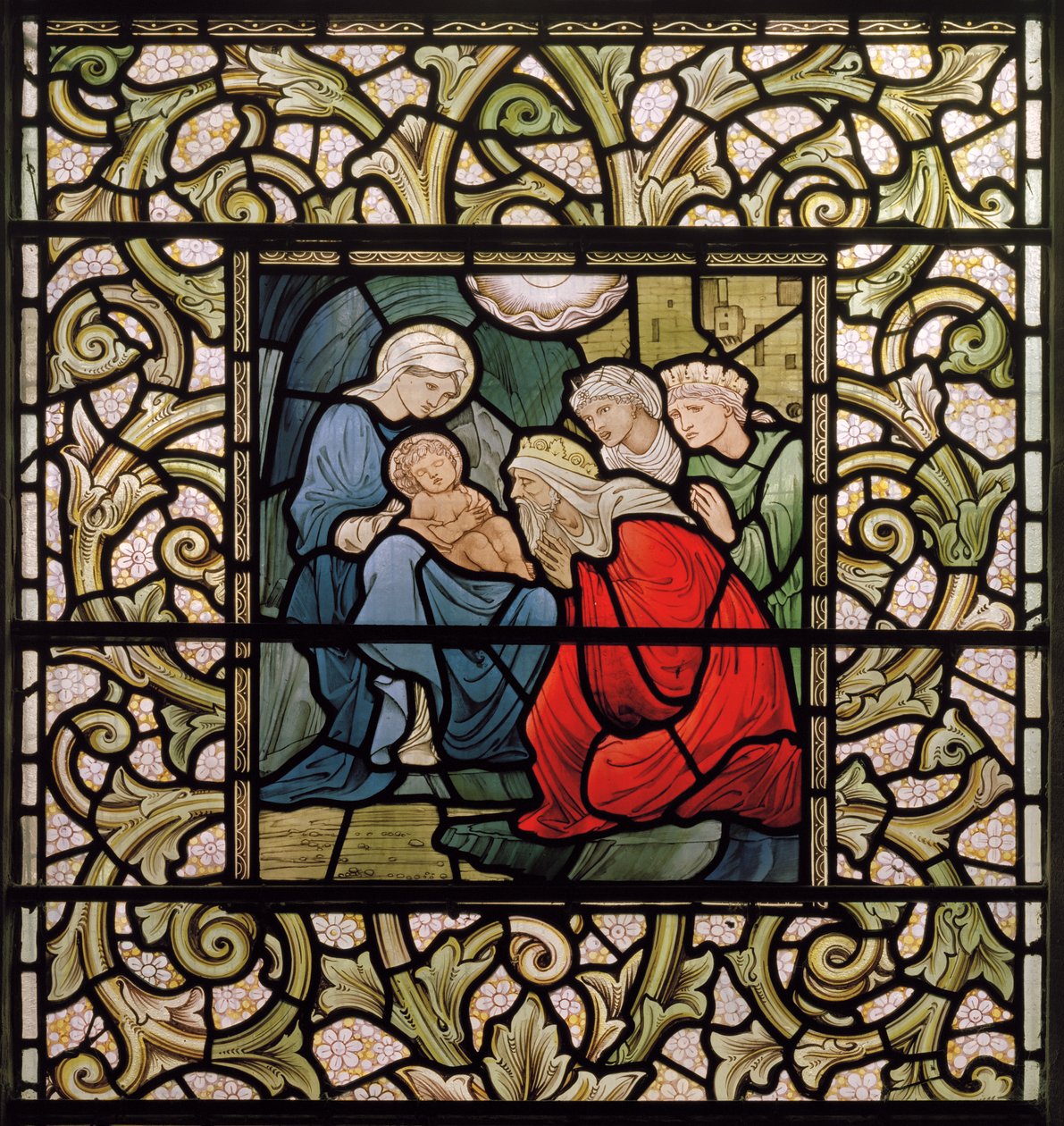 Wilden, All Saints, Morris & Co., Edward Burne-Jones, John Henry Dearle (1859-1932), The Adoration of The Magi, 1902-1914, Louisa, Alfred, The Baldwins, statsminister, metodist, Worcestershire, Arts av Edward Coley and Dearle Burne-Jones
