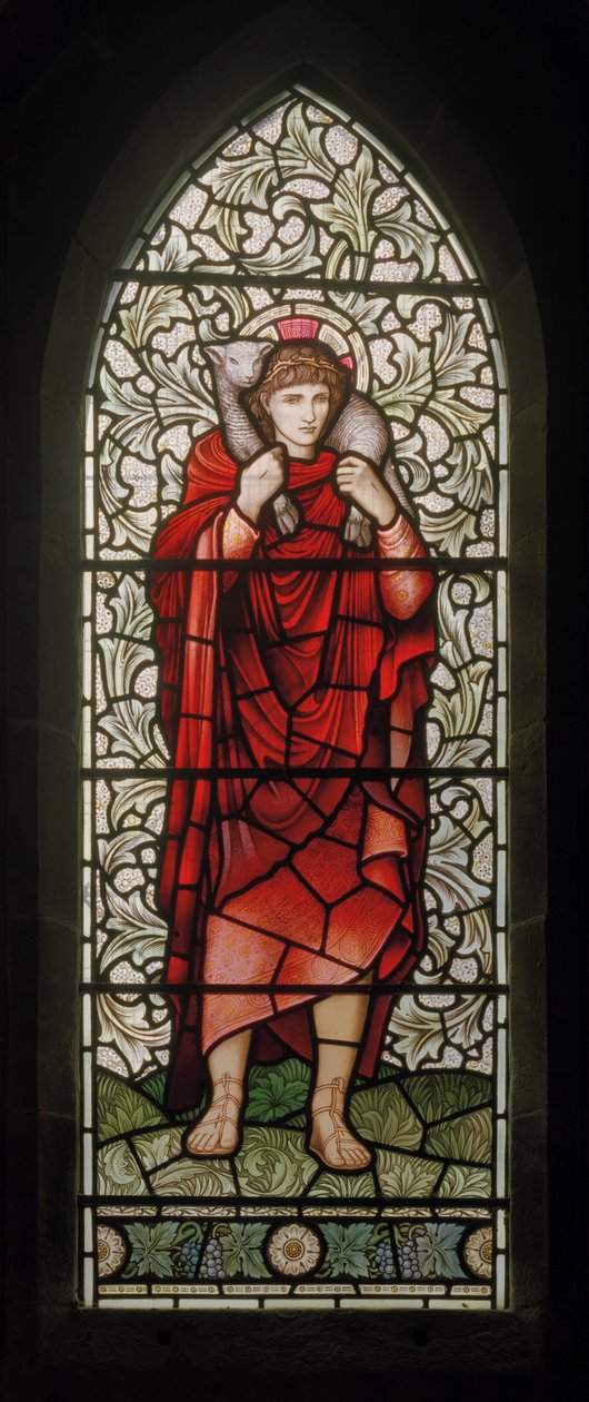 Wilden, All Saints, Morris & Co., Edward Burne-Jones, John Henry Dearle (1859-1932), The Good Shepherd, 1902-1914, Louisa, Alfred, The Baldwins, statsminister, metodist, Worcestershire, Arts & Craft av Edward Coley and Dearle Burne-Jones