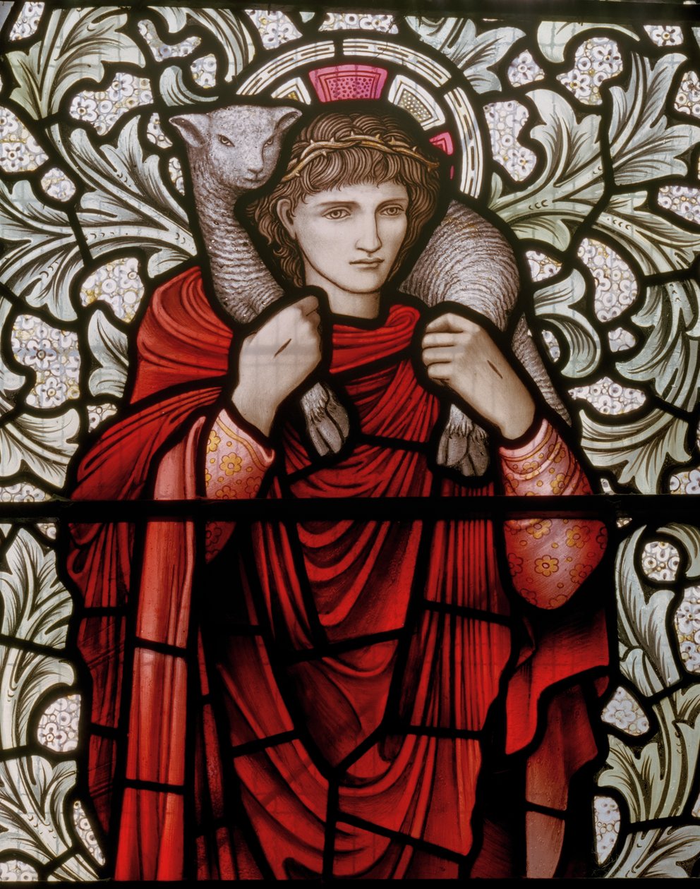 Wilden, All Saints, Morris & Co., Edward Burne-Jones, John Henry Dearle (1859-1932), The Good Shepherd, detalj, 1904, Louisa, Alfred, The Baldwins, statsminister, metodist, Worcestershire, Arts & Cr av Edward Coley and Dearle Burne-Jones
