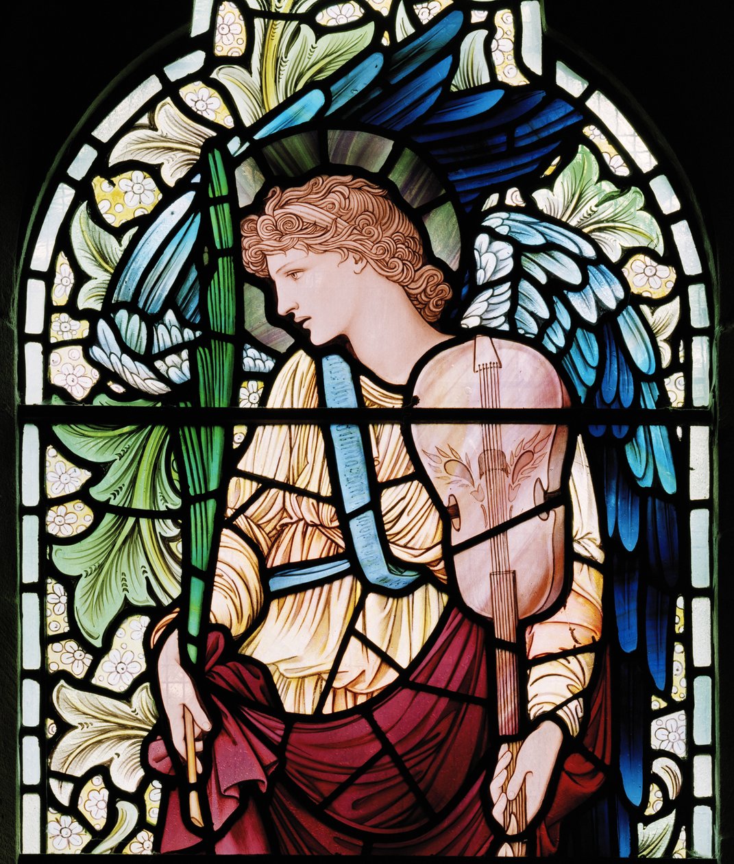 Wilden, All Saints, Morris & Co., Edward Burne-Jones, John Henry Dearle (1859-1932), The Minstrel Angel, Angel Musician, detalj, 1902-1914, Louisa, Alfred, The Baldwins, statsminister, metodist, Wor av Edward Coley and Dearle Burne-Jones