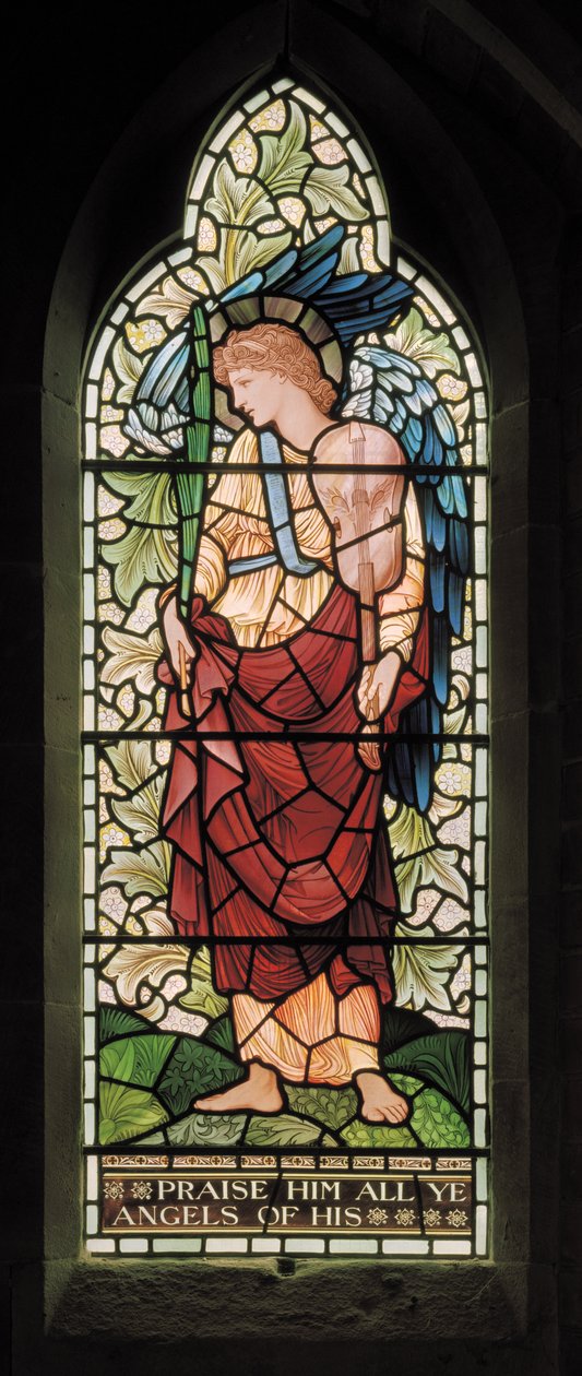 Wilden, All Saints, Morris & Co., Edward Burne-Jones, John Henry Dearle (1859-1932), Tyhe Minstrel Angel, 1902-1914, Louisa, Alfred, The Baldwins, statsminister, metodist, Worcestershire, Arts & Cra av Edward Coley and Dearle Burne-Jones