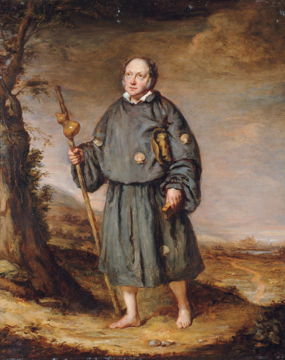 Portrett av en herre som en pilegrim, på et spor, som holder en stav med en kalebass og en bibel, 1836 av Edward Daniel Leahy
