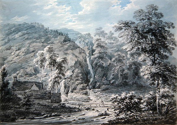 En foss ved Corwen, Nord-Wales (akvarell på papir) av Edward Dayes