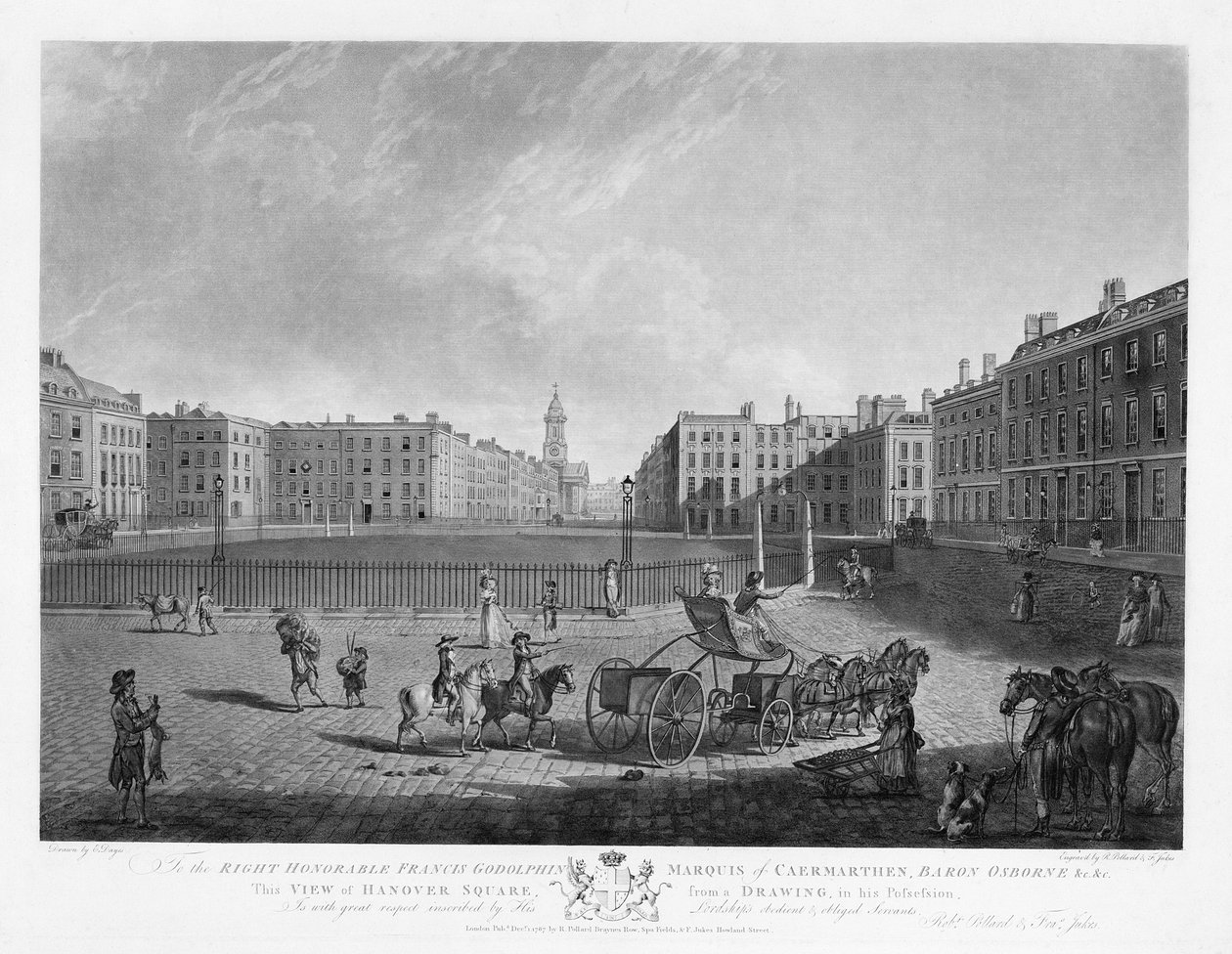 Hanover Square, fra et sett med fire utsikter over London-plassene, gravert av Robert Pollard (1755-1838) og Francis Jukes (1747-1812) 1781 (etsing und aquatint) av Edward Dayes