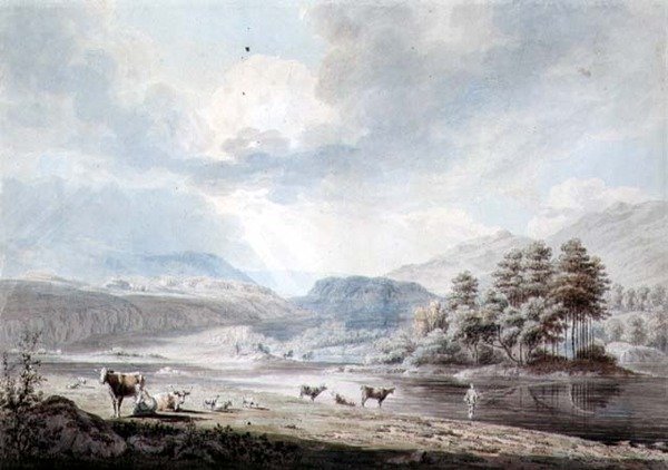 Lake amongst Hills (penn og blekk, akvarell og vask på papir) av Edward Dayes