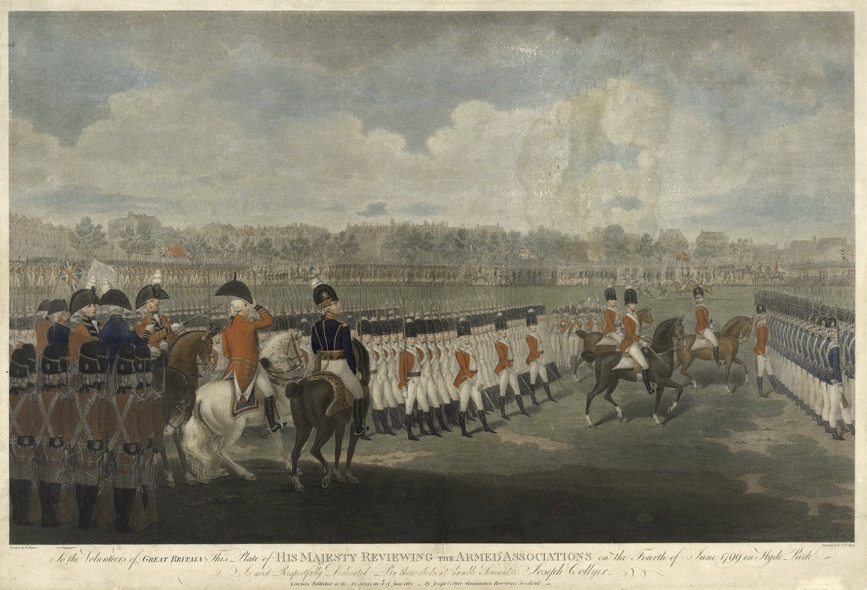Kongen gjennomgikk den væpnede foreningen i Hyde Park 4. juni 1799, gravert av J. Collyer, 1801 (farget stippelgravering) av Edward Dayes
