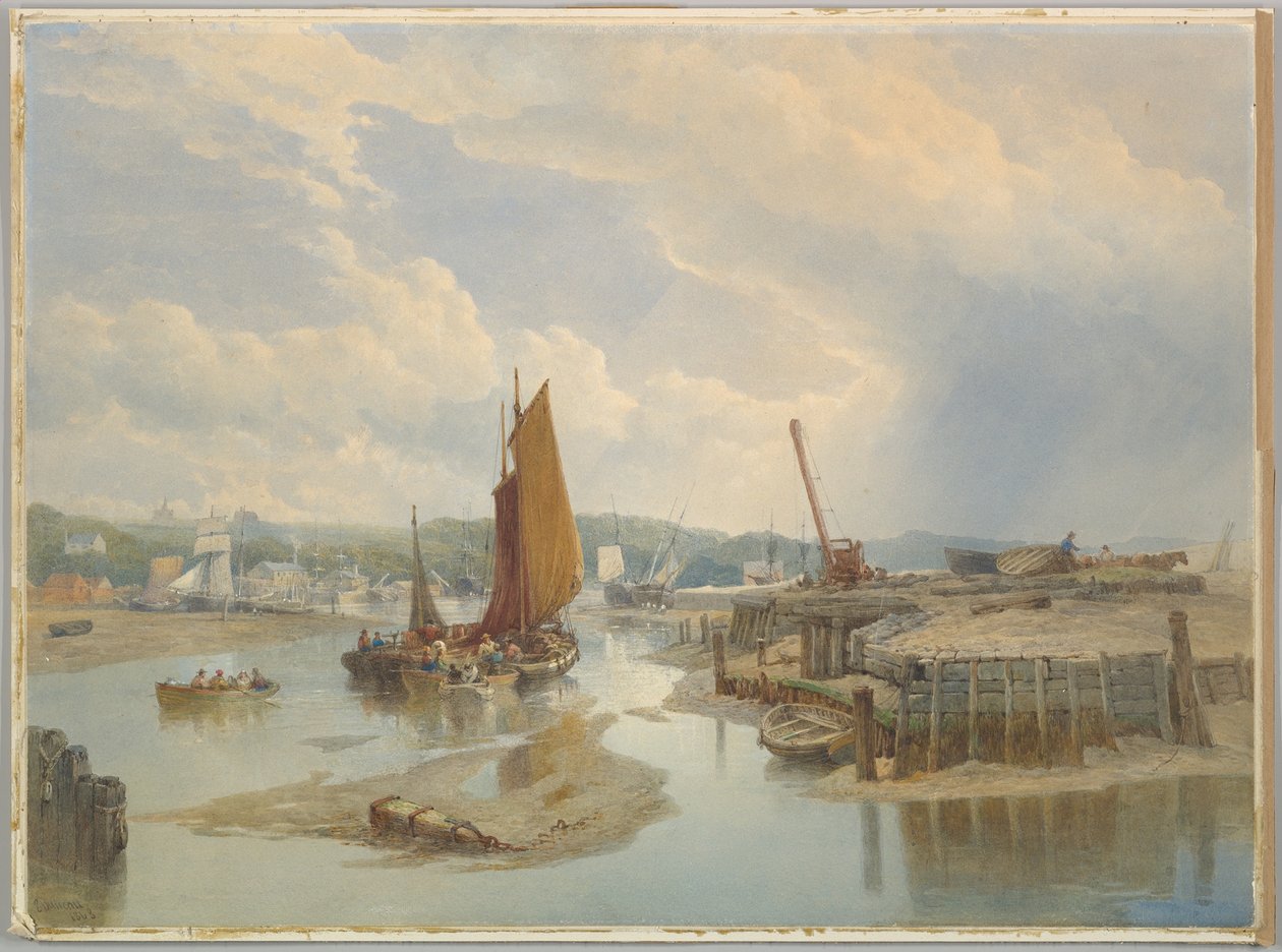 En by ved en elvemunning ved lavvann av Edward Duncan