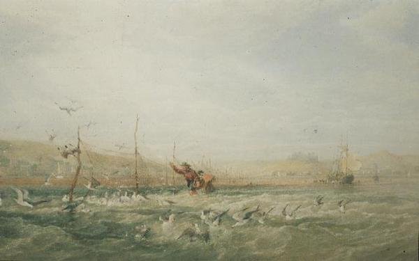 Fiskere som jager måker fra nettene, Mumbles, Sør-Wales av Edward Duncan