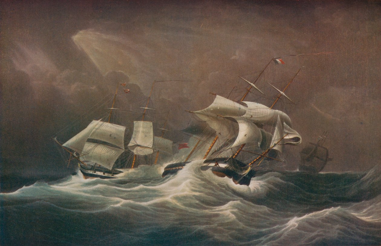 H.M.S. Utrettelig engasjerende den franske Droits-De-LHomme, 1797, 1829 av Edward Duncan